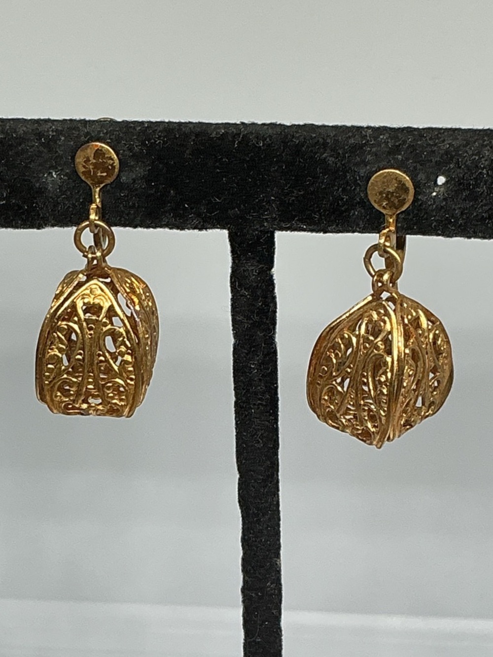 Vintage Gold Tone Filigree Cage Dangle Earrings Screw Back Mid Century Costume